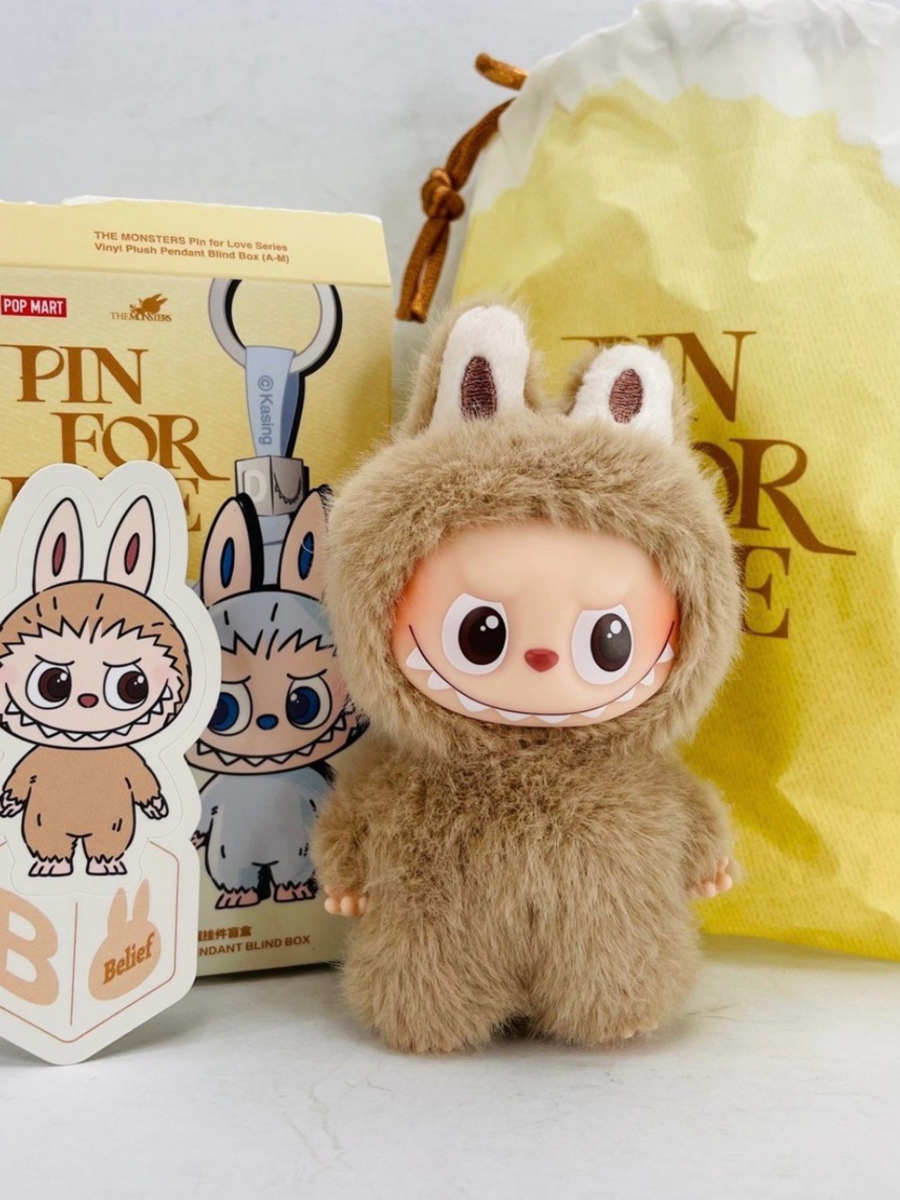 New-POP MART  *PIN FOR LOVE Mini Brown Furry Labubu.  Letter *B* engraved